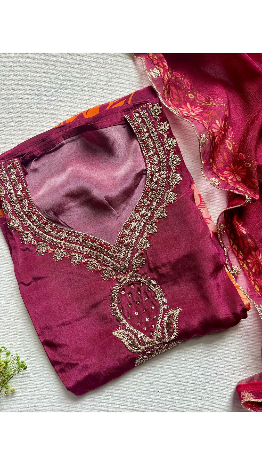 Crape semi stitched suit with embroidered V neckline